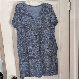 PURE JILL Soft V Neck Floral T Shirt Dress Blue Large Cottage Resort Cotton